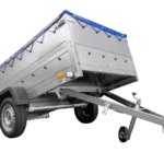 Anhænger med foldbar trækstang Havetrailer 230 TIP med ekstra sidetofter, støttehjul og blå flad presenning