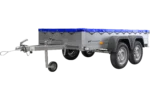 Enkeltakselanhænger 264×150 UNITRAILER GARDEN 265 TIP med én flad presenningsstøtte og blå presenning