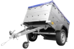 Ny personbilanhænger Havetrailer 150 TIP med ekstra sidetofter, støttehjul og blå flad presenning