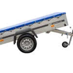 Enkeltaksel lavlæsser Havetrailer 264 tip Mit støttehjul, Querstreben Und Blauer flad presenning