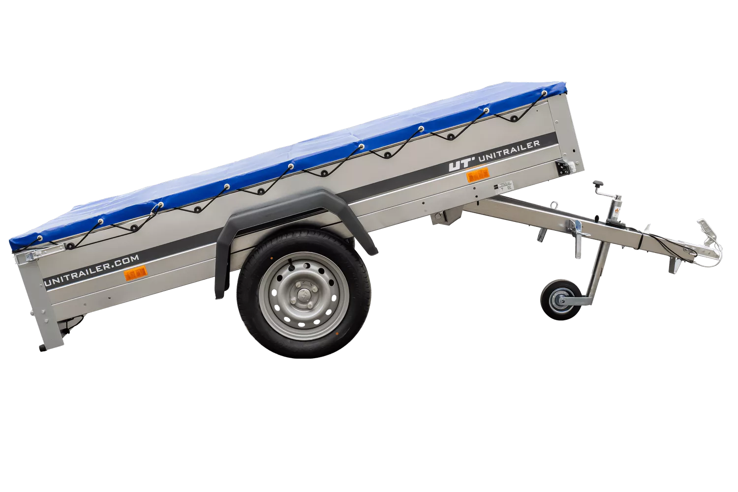 ger_pl_Pkw-Kippanhanger-Garden-Trailer-230-KIPP-230-cm-x-125-cm-mit-Flachplane-Stutzrad-und-Planentrager-4515_13 Enkeltaksel lavlæsser Havetrailer 264 tip Mit støttehjul, Querstreben Und Blauer flad presenning - Billede 1
